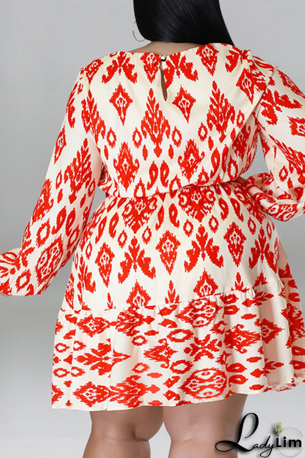 Light Apricot Casual Print Bandage Patchwork O Neck Straight Plus Size Dresses