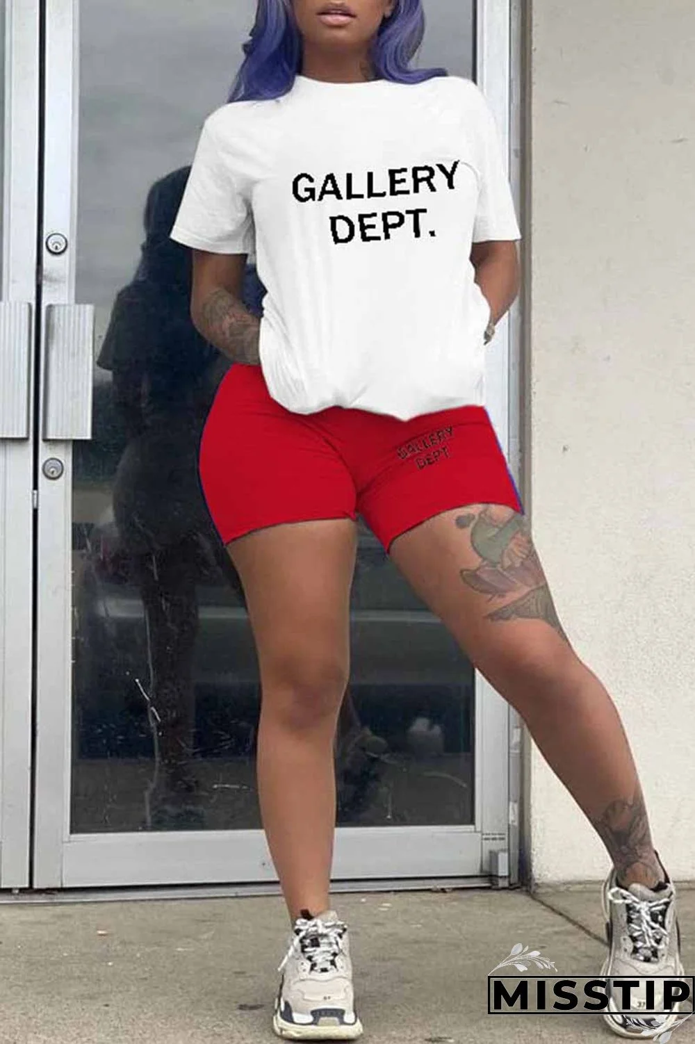 Blue Casual Print Letter O Neck Short Sleeve Two Pieces