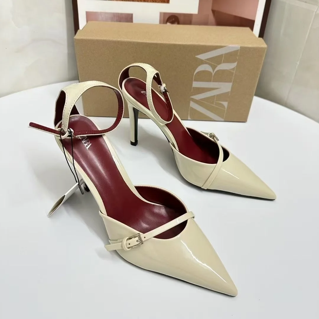 Breakj Breakj Home 2025 Fashion New Pointed Women's Shoes Classic White Patent Leather Shallow Heel Stumbling Women's High Heel Sandals