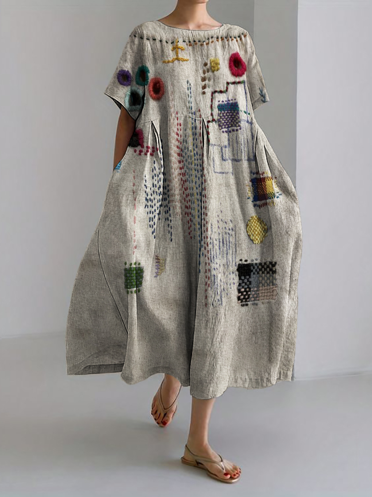Comstylish Colorful Embroidered Japanese Sashiko Art Linen Blend Maxi Dress