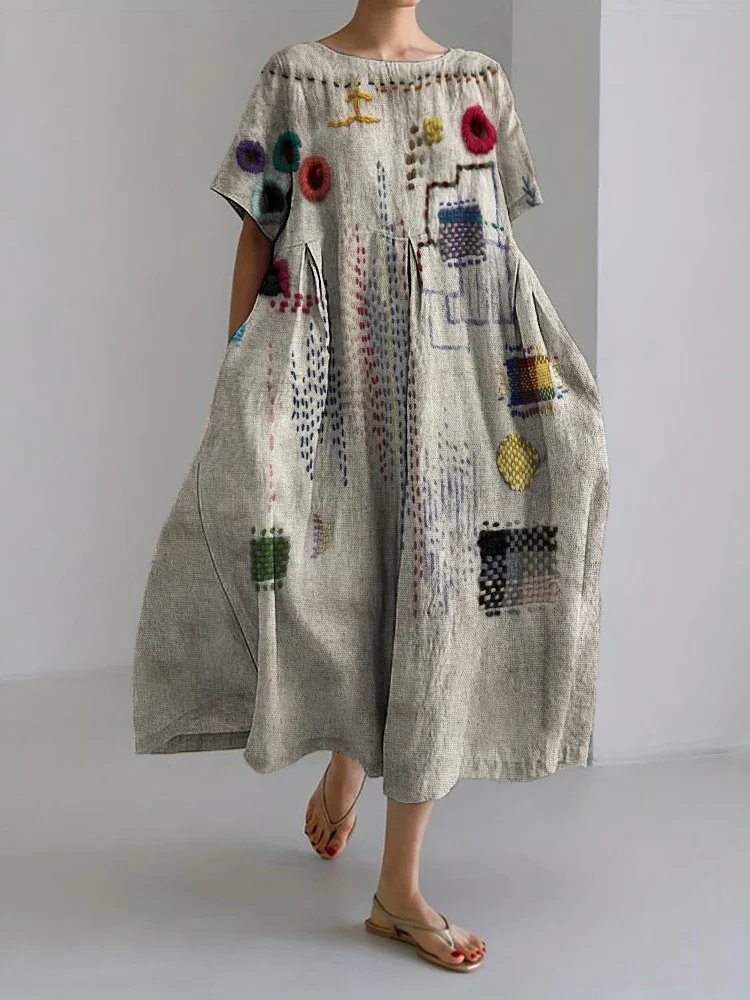 Colorful Embroidered Japanese Sashiko Art Linen Blend Maxi Dress