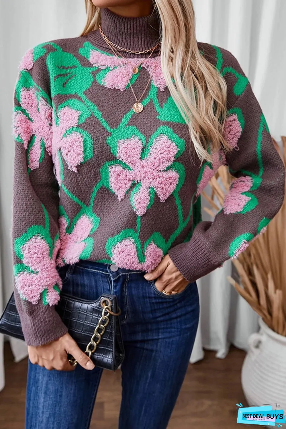 Pink Plush Floral Collar Loose Pullover Sweater