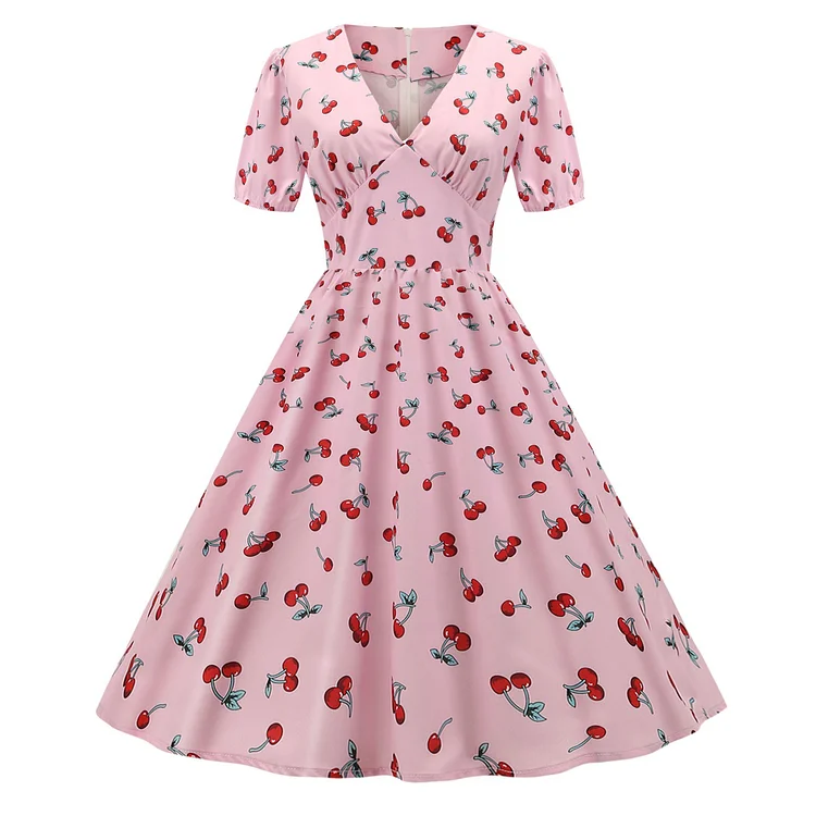 Mayoulove Puff Sleeve Pink Cherry Print Dress-Mayoulove