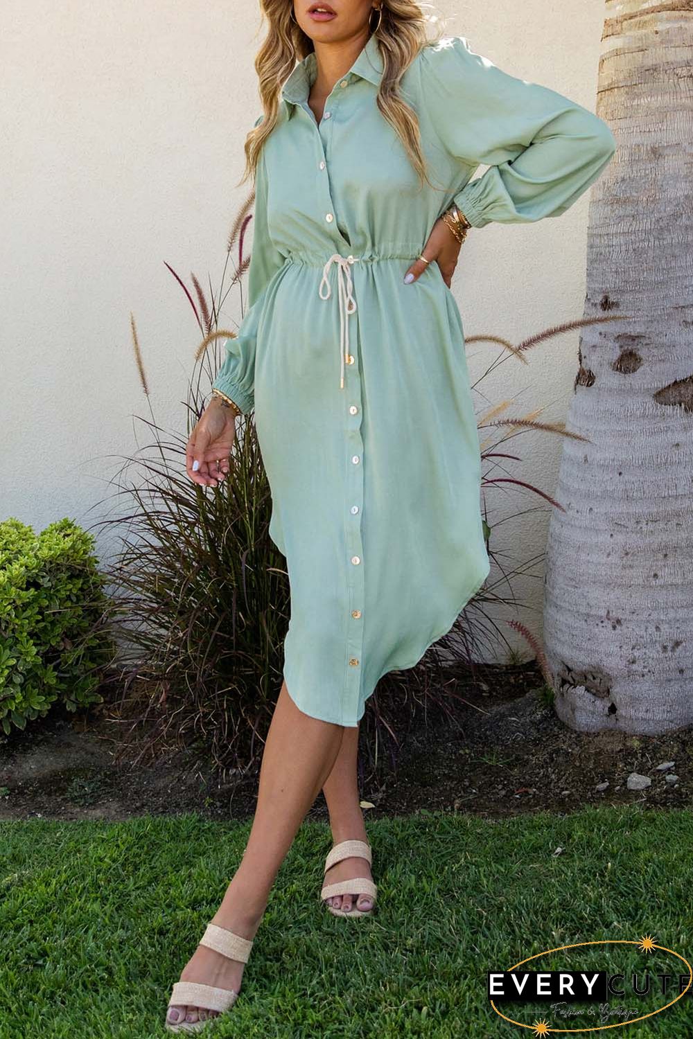 Green Solid Button Front Drawstring Shirt Dress