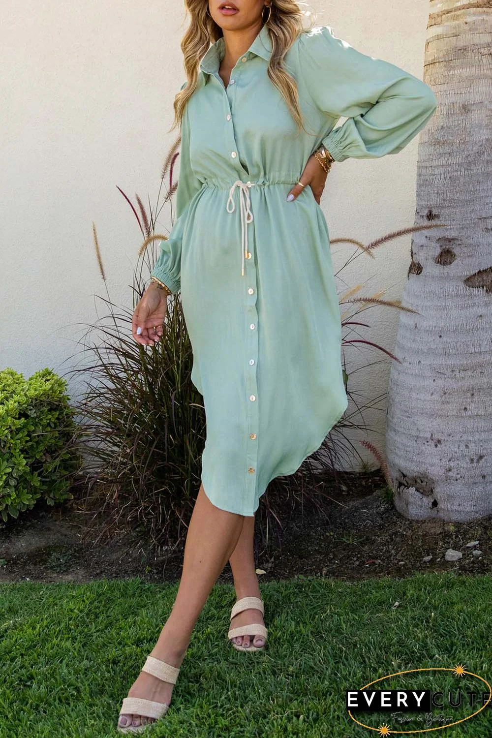 Green Solid Button Front Drawstring Shirt Dress