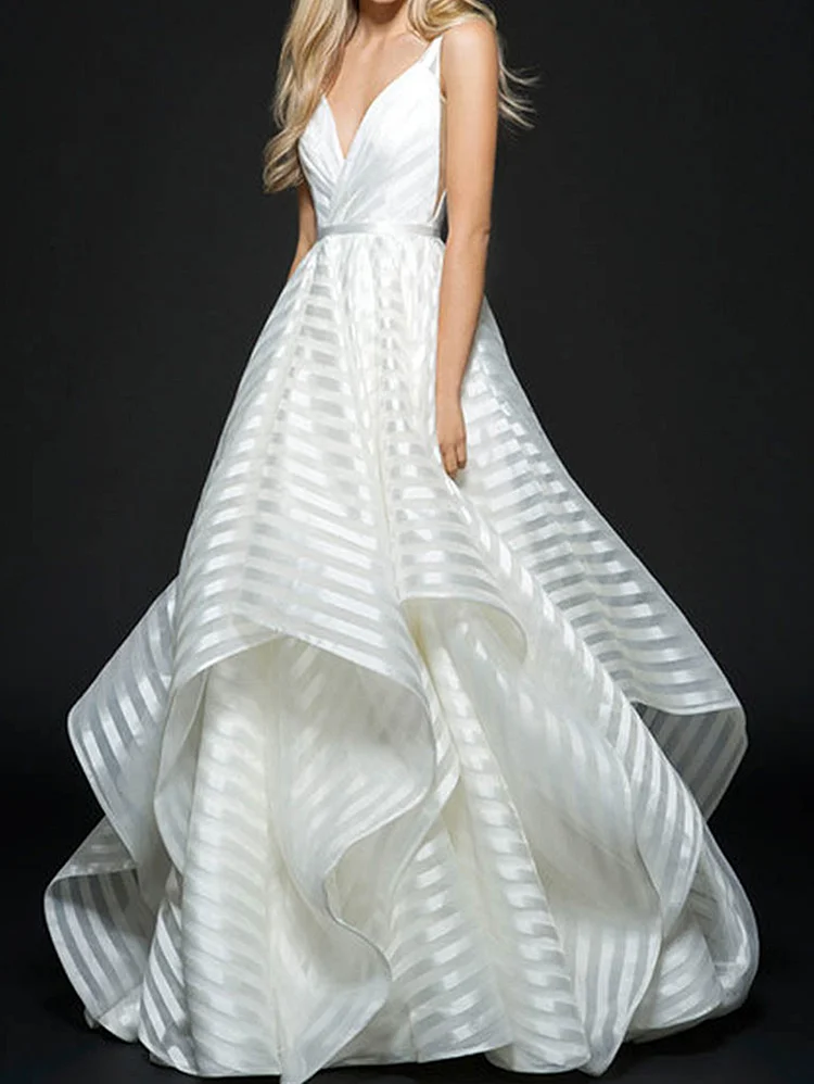 Formal Backless V Neck Horizontal Stripe Sleeveless Maxi Dress