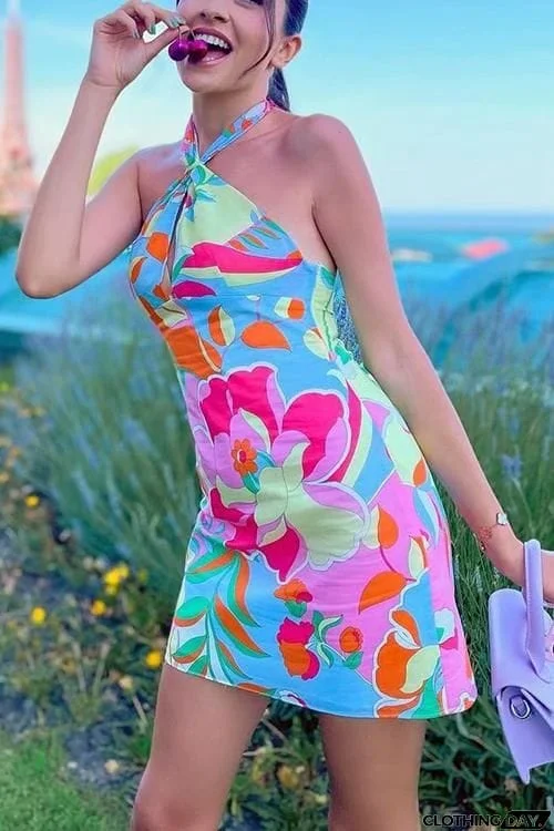 Print Halter Neck Backless Mini Dress
