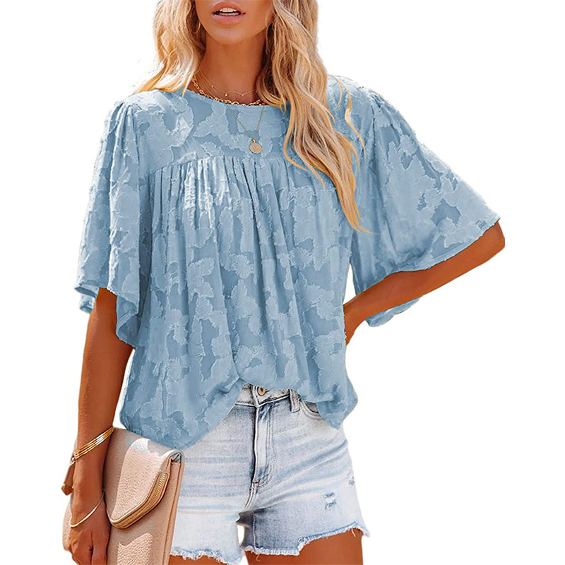 Women Floral Chiffon O Neck Flare Short Sleeves Loose Casual Blouse