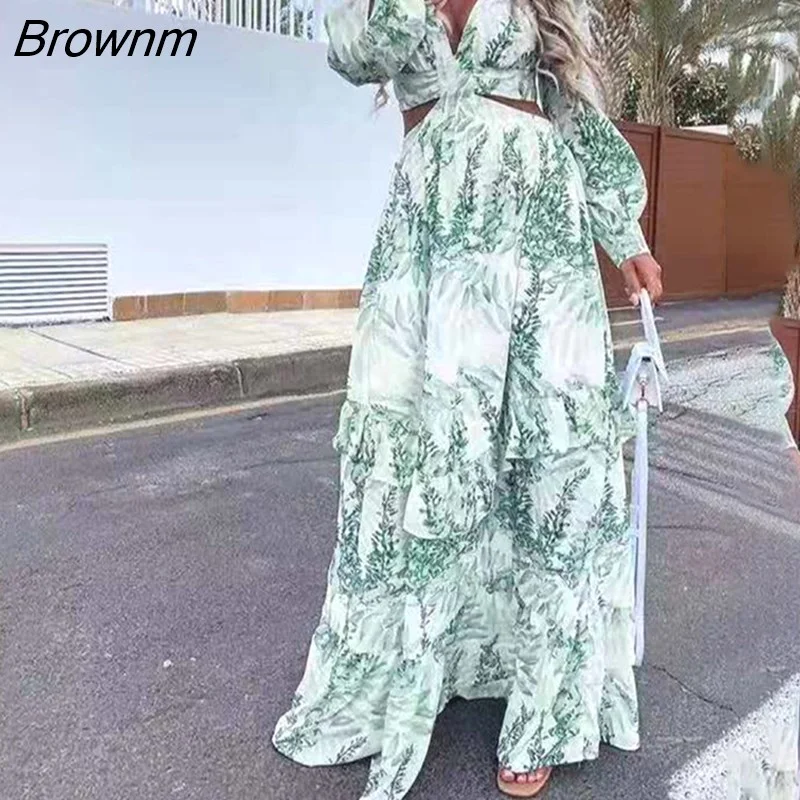 Brownm Beach Cover Up Summer Sexy V-Neck Backless Hollow Out Lantern Sleeve Maxi Dress Female Club Party Long Dress 21765