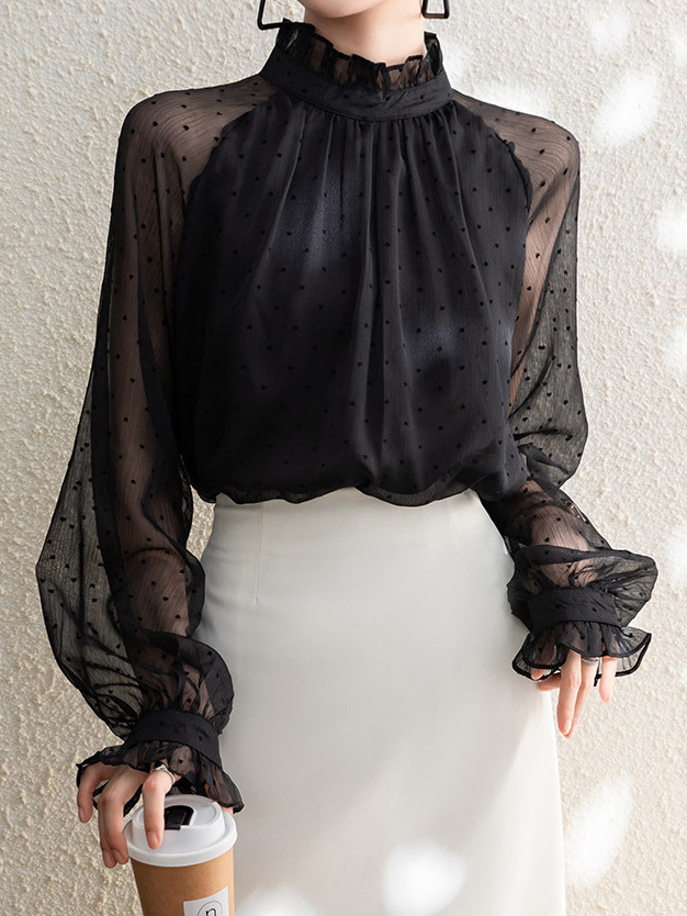 High Collar Ruffle Tirm Polka Dot Lantern Sleeve Top