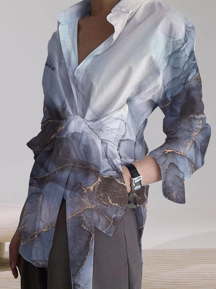 Temperament Marble Loose Tie Long Sleeve Casual Shirt Top