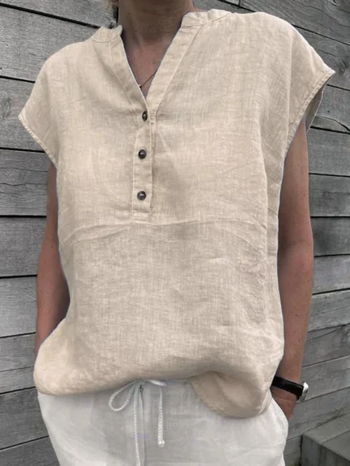 Cotton Linen Shirt Ladies Casual V-Neck Button Short Sleeve Socialshop