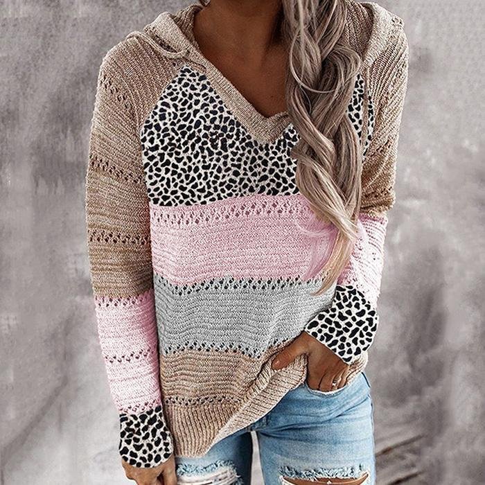 Fashion Hooded Leopard Stitched Knit Sweater