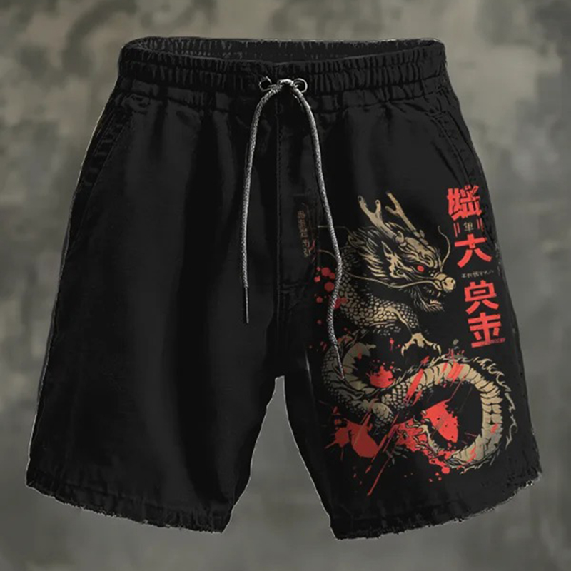 Men's Retro Dragon Pattern Art Print Casual Shorts  artssus