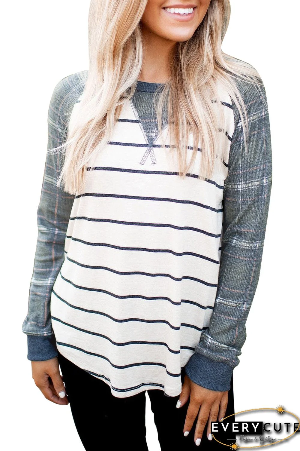 Green Plaid Raglan Sleeve Striped Top