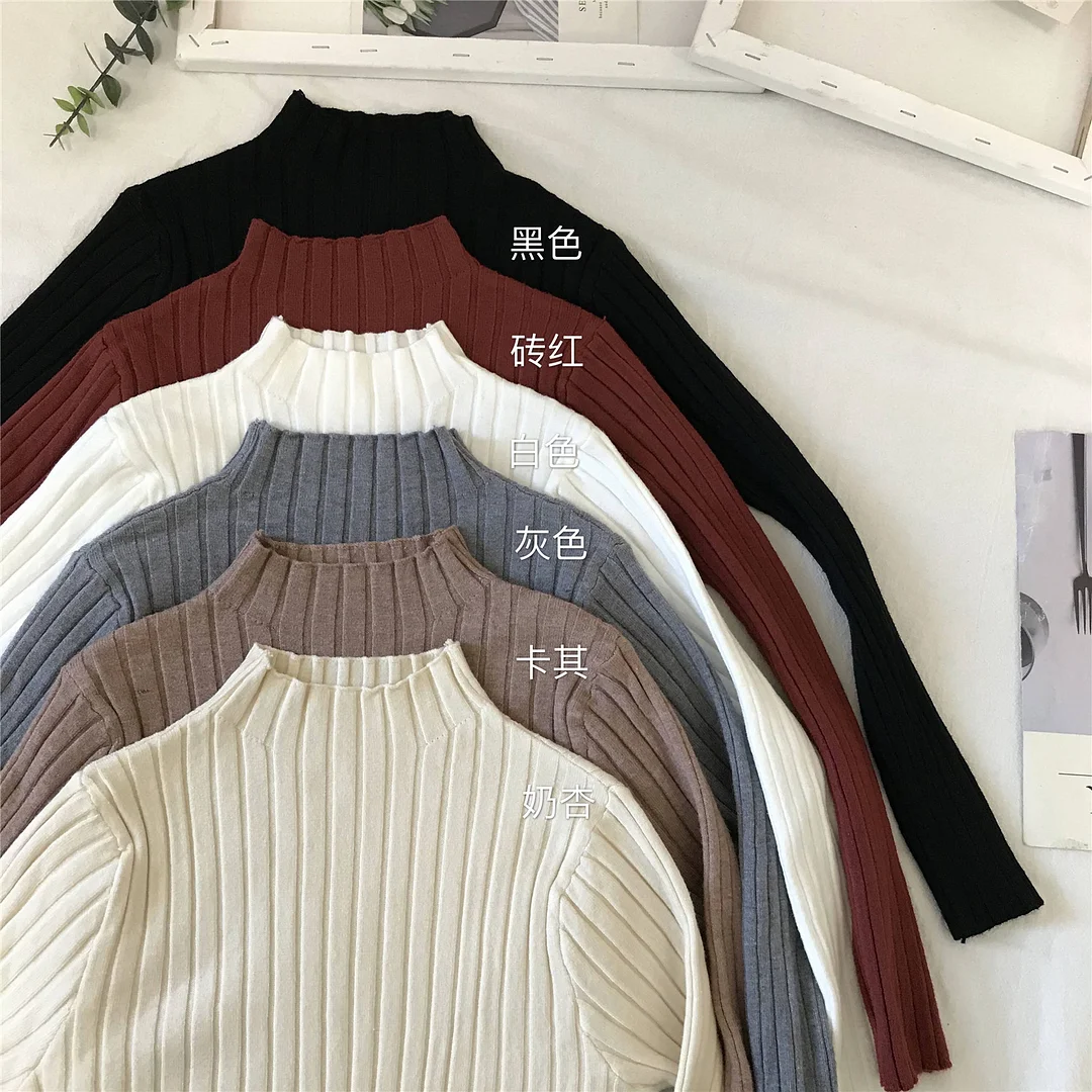 Uveng Uveng Winter Half-High Sweater Women Long Sleeve Pure Color Spring And Autumn Pit Stripe Loose Knitted Bottom Shirt