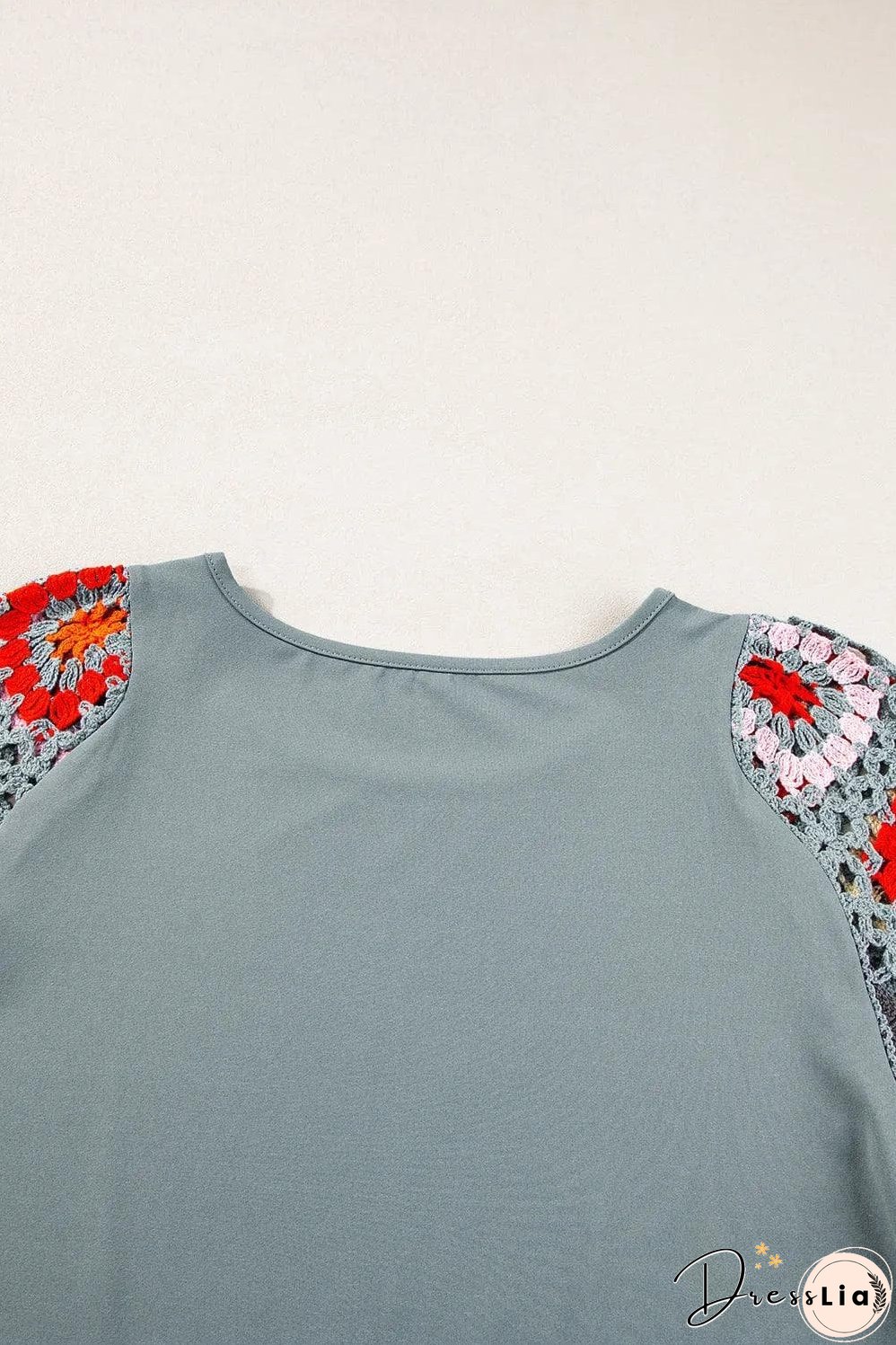 Medium Grey Floral Crochet Short Sleeve Top