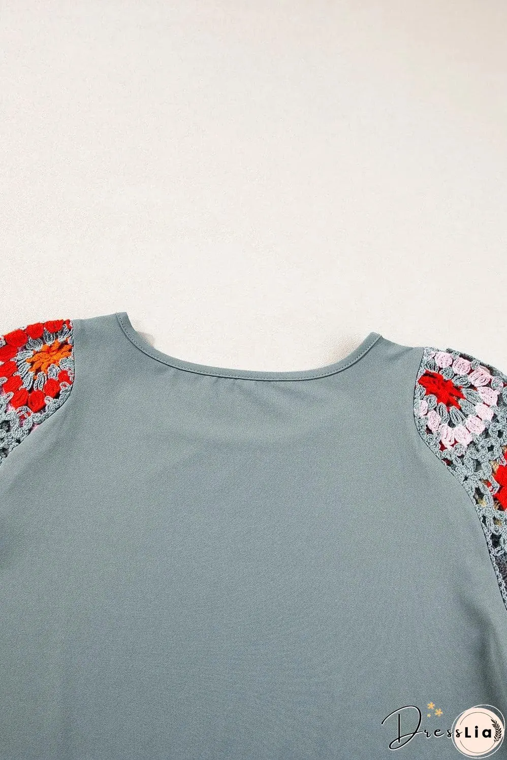 Medium Grey Floral Crochet Short Sleeve Top
