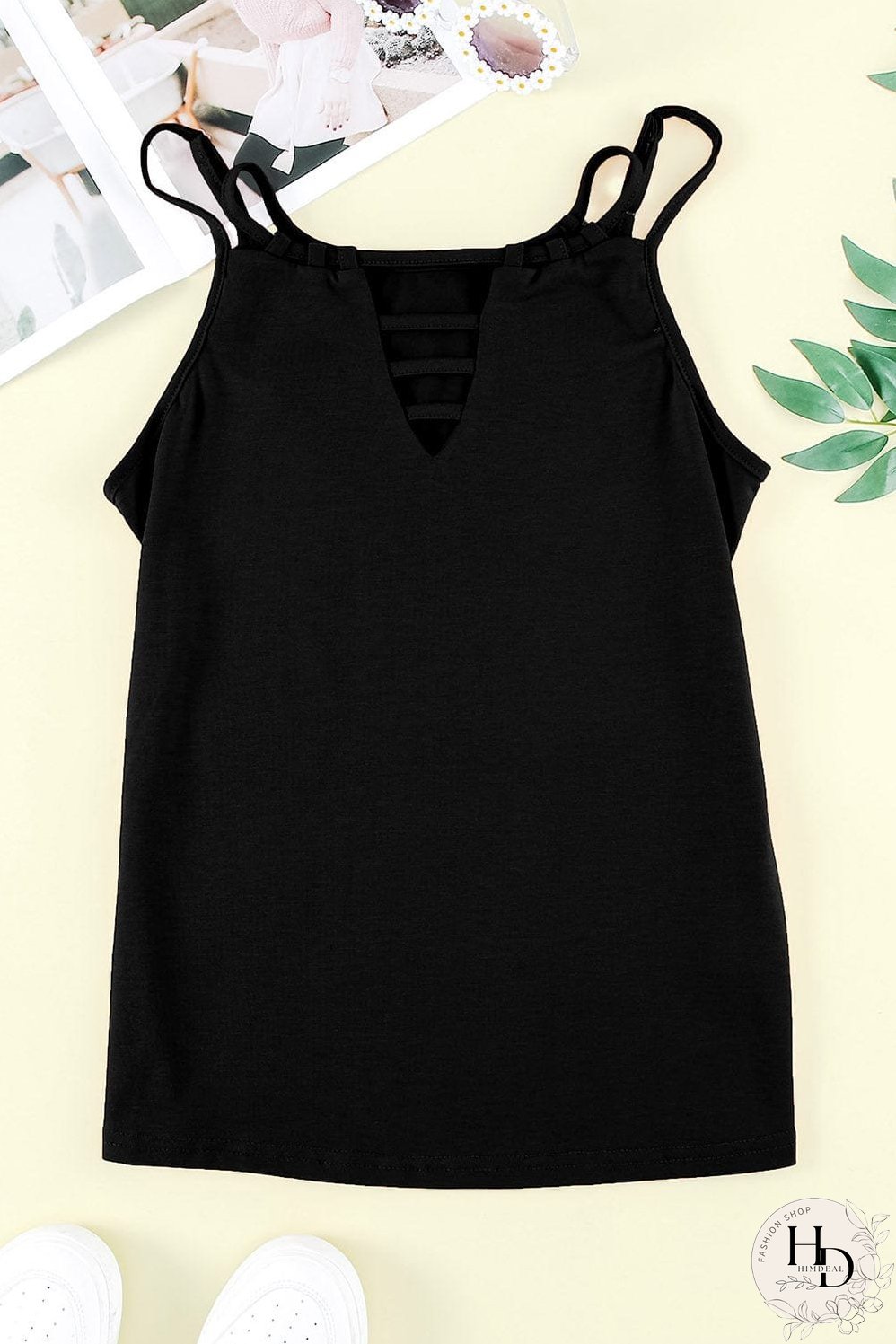 Black Lace-Up Hollow-out Tank Top