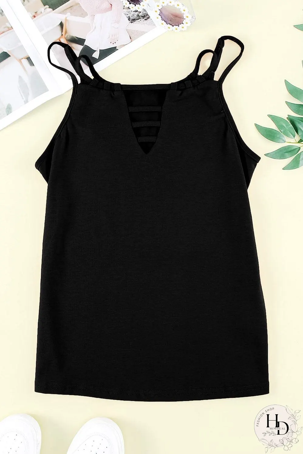 Black Lace-Up Hollow-out Tank Top