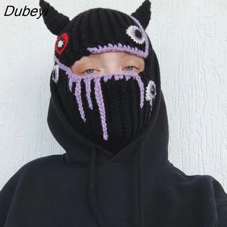 Dubeyi Vintage Gothic Horn Knitted Hat Women Streetwear Harajuku Funny Beanies Y2k 2000s E-girl Cyberpunk Mask Integrated Hat