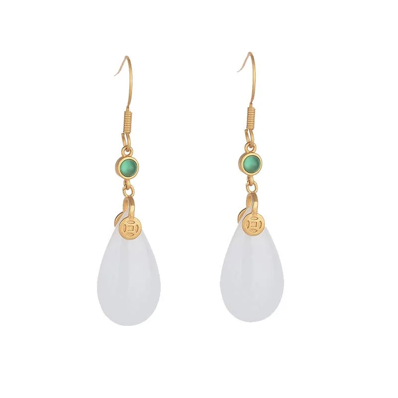 FengShui White Jade Luck Drop Earrings