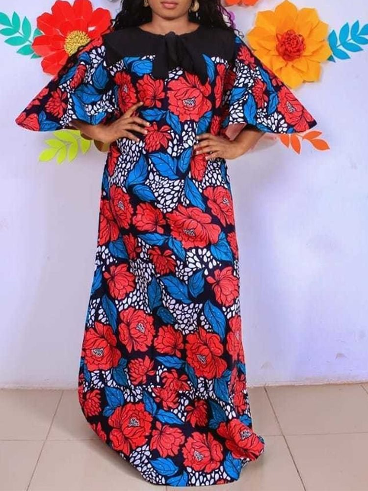 Print stitching round neck five-point sleeves A-line women's dress SKUI84880 QueenFunky