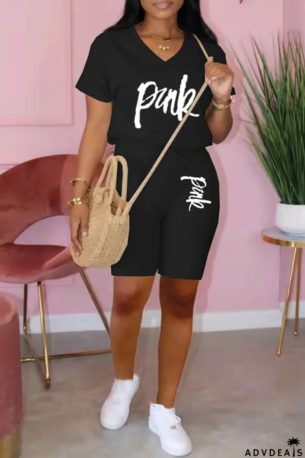 Apricot Fashion Casual Letter Print Basic V Neck Short Sleeve Two Pieces