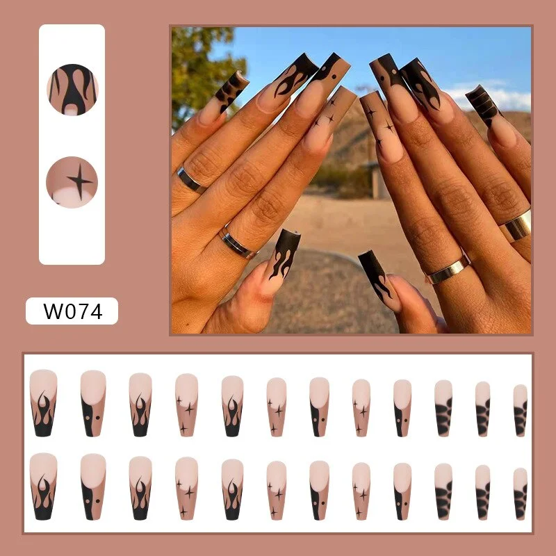 European Fake Nails Women Coffin MId Length False Nails Tip with Stripe Design Press on Matte Nail Patch for DIY Art Nail Salon-Nail Inspo