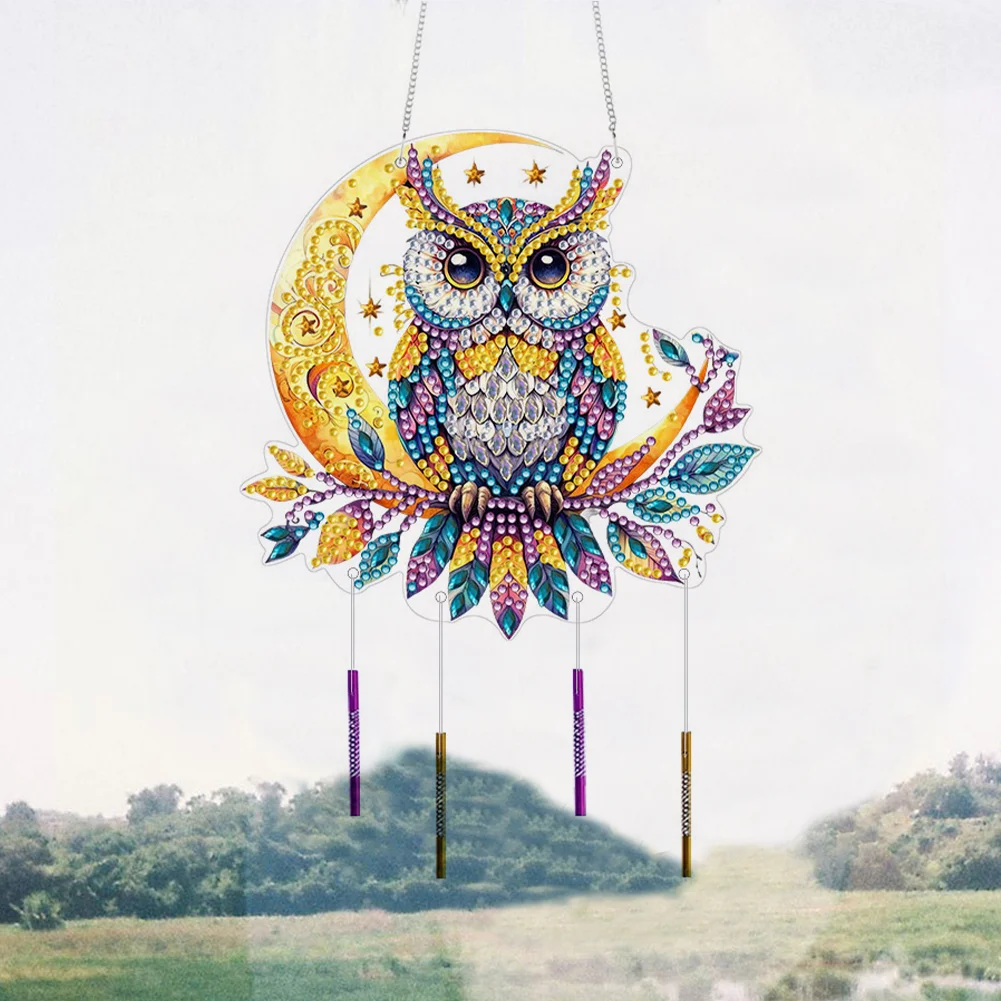 DIY Owl Double Sided Acrylic Special Shape Diamond Painting Wind Chime