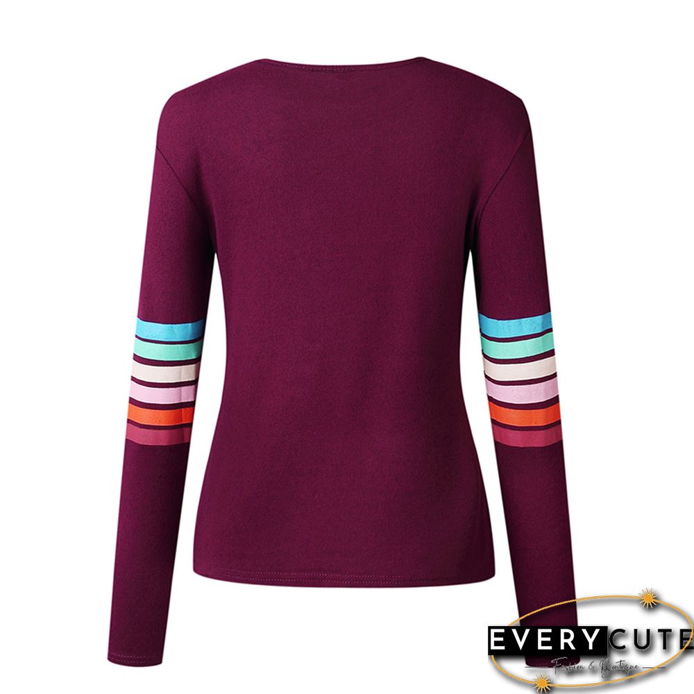 Wine Red Long Sleeve Colorful Strip Shirt