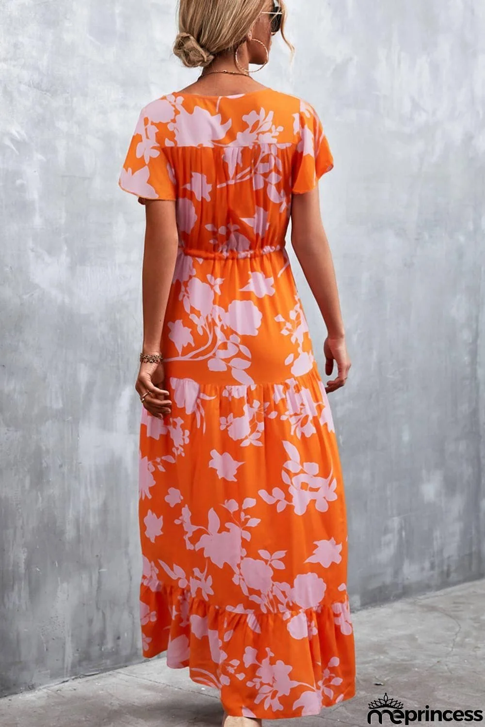 Floral Buttoned Drawstring Waist Tiered Dress