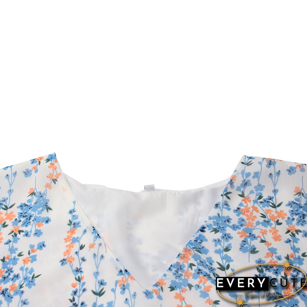 Light Blue Floral Print A-Line Chiffon Dress