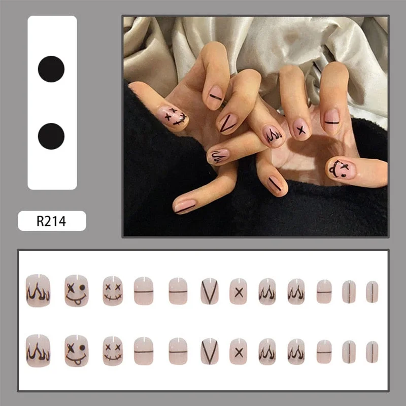 24pcs Press On Fake Black Bow Nail Patch Glue Type Removable Short Paragraph Manicure False Nail Patch False Nails With Designs-Nail Inspo