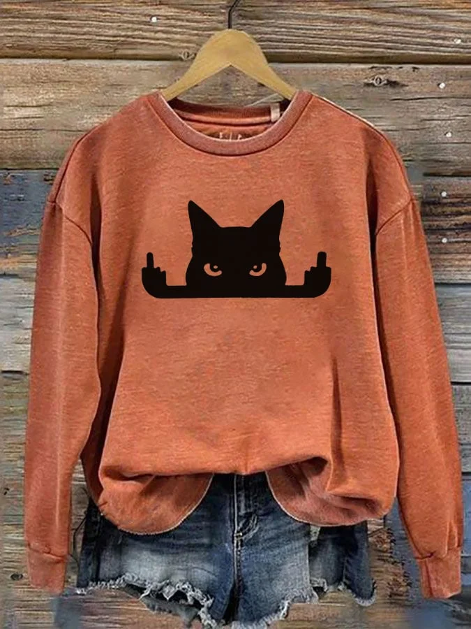 Women's Black Cat Print Crew Neck Sweatshirt