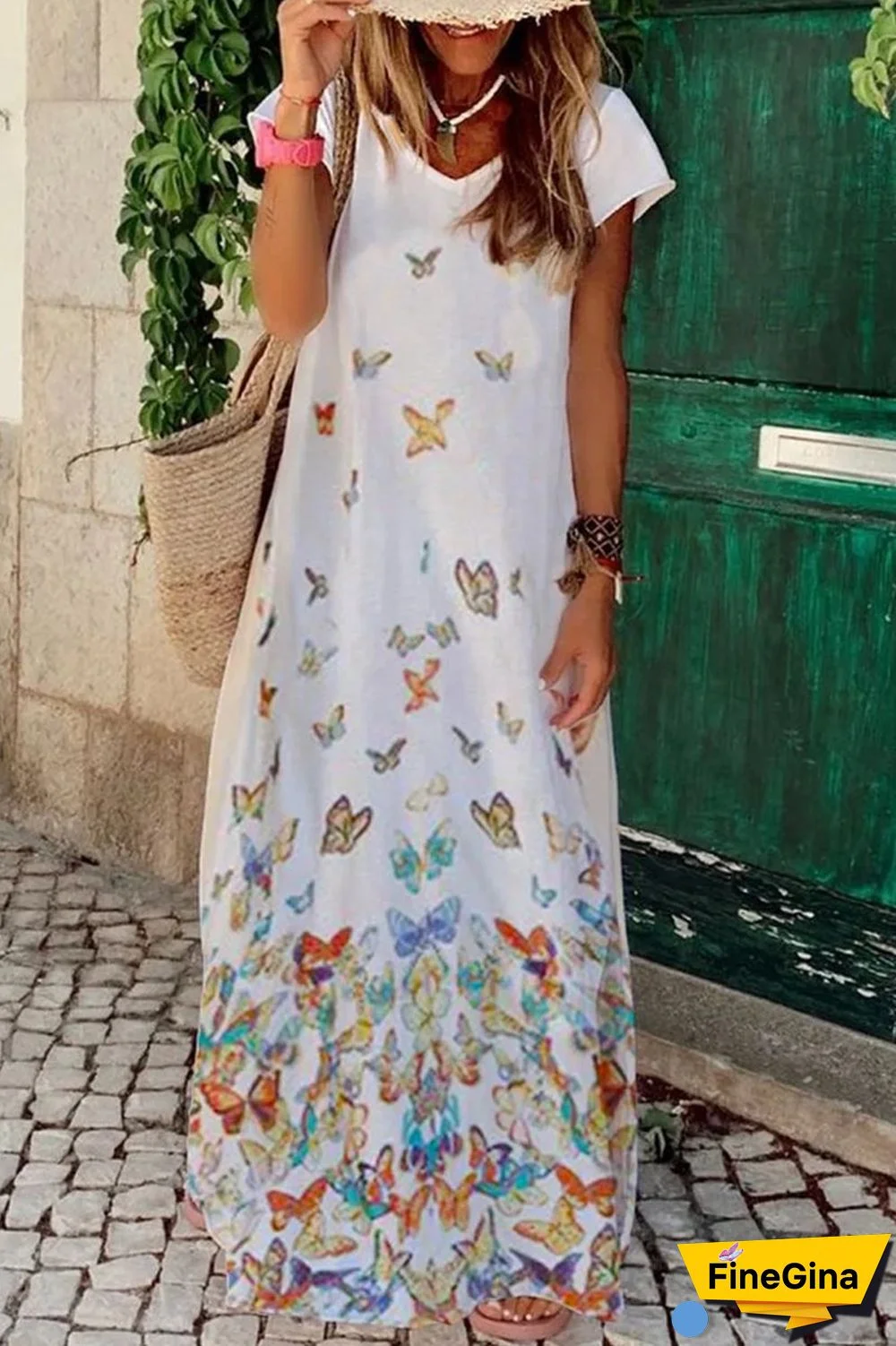 Short Sleeve Butterfly Print Dress