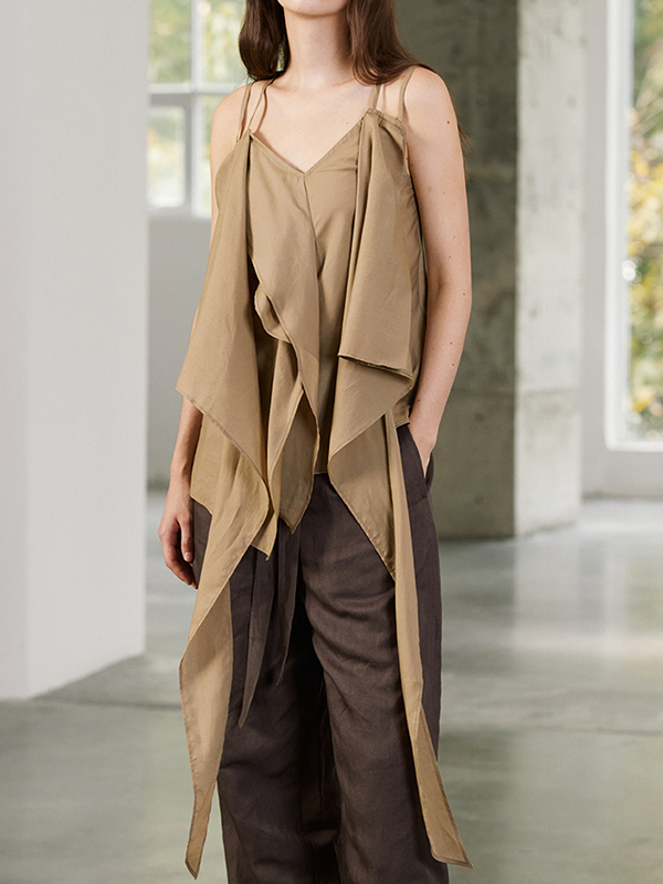 Double Thin Strap Irregular Pleated Solid Color Top