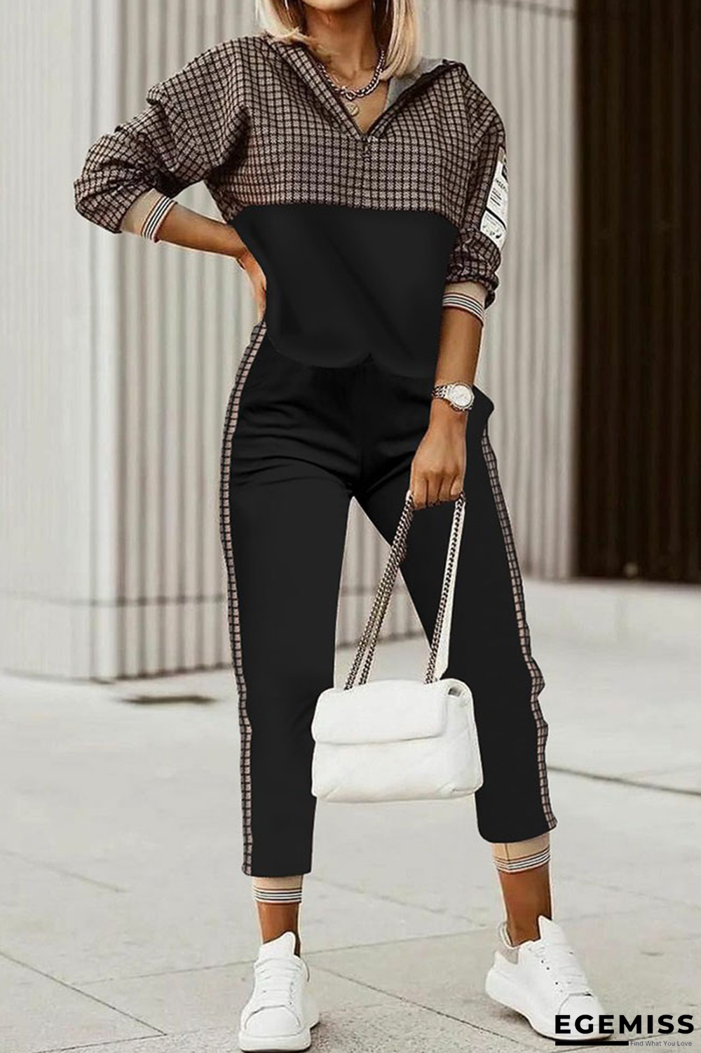 Dark Coffee Casual Print Patchwork Hooded Collar Long Sleeve Two Pieces | EGEMISS