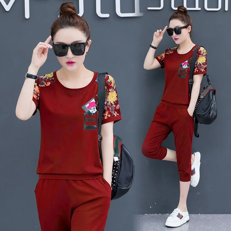 Tracksuits Women 2019 Summer Set 2 Pieces Women Clothing Set: Short Sleeve T-shirt+pants Casual Sportsuits Woman Track Suits