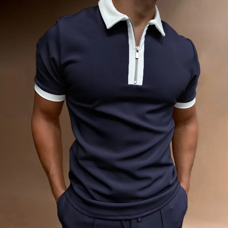 2021 Summer Fashion Patchwork Men Polo Shirts Casual Turn-down Collar Zipper Design Short Sleeve Tops Harajuku Mens' Streetwear