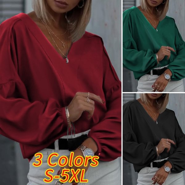 Women Lantern Long Sleeve Blouse V Neck Elegant Casual Loose Shirt Plus Size Tops - BlackFridayBuys