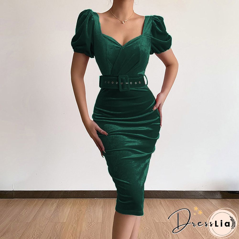 Elegant Bodycon Low-Cut V-Neck Puff Sleeve Midi Dress Women Autumn Velvet Slim Party Dress Fashion Folds Solid Dresses Vestidos