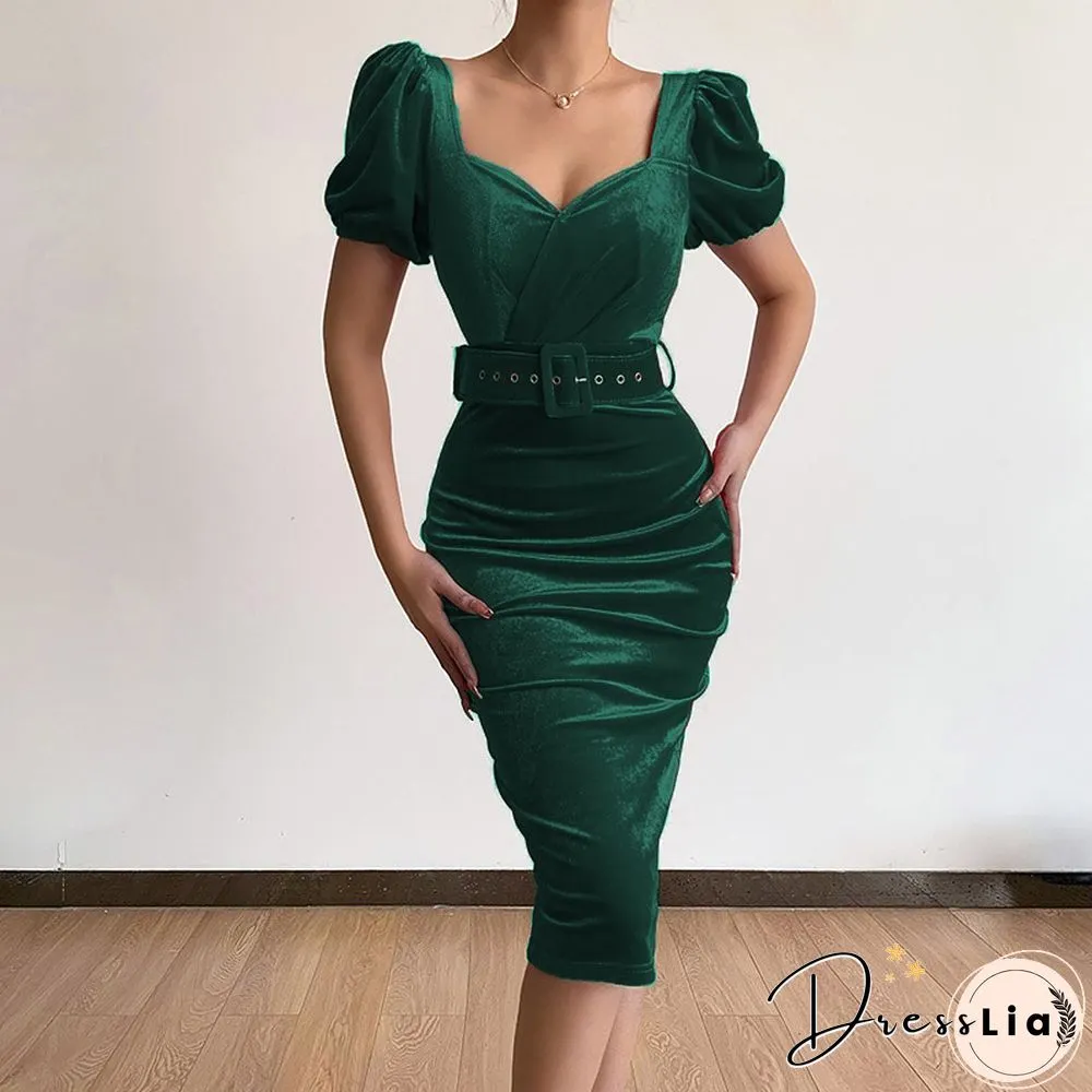 Elegant Bodycon Low-Cut V-Neck Puff Sleeve Midi Dress Women Autumn Velvet Slim Party Dress Fashion Folds Solid Dresses Vestidos