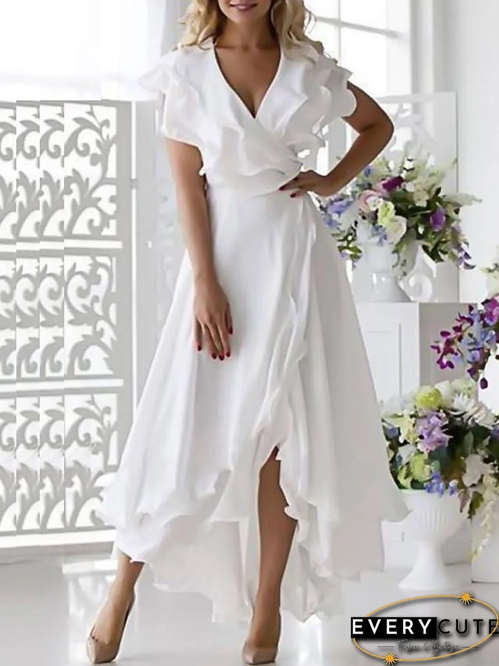 Women's Wrap Dress Midi Dress - Sleeveless Ruffle Multi Layer Plus High Low Summer Deep V Plus Size Hot Sexy Holiday Beach vacation dresses Chiffon  White Dark Blue S M L XL XXL 3XL 4XL 5XL White Dresses