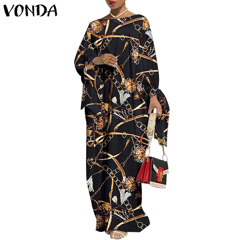 VONDA Robes Women 2022 Vintage Printed Long Sleeve Dresses Casual Loose Bohemian Vestidos Summer Casual Loose Long Maxi Sundress