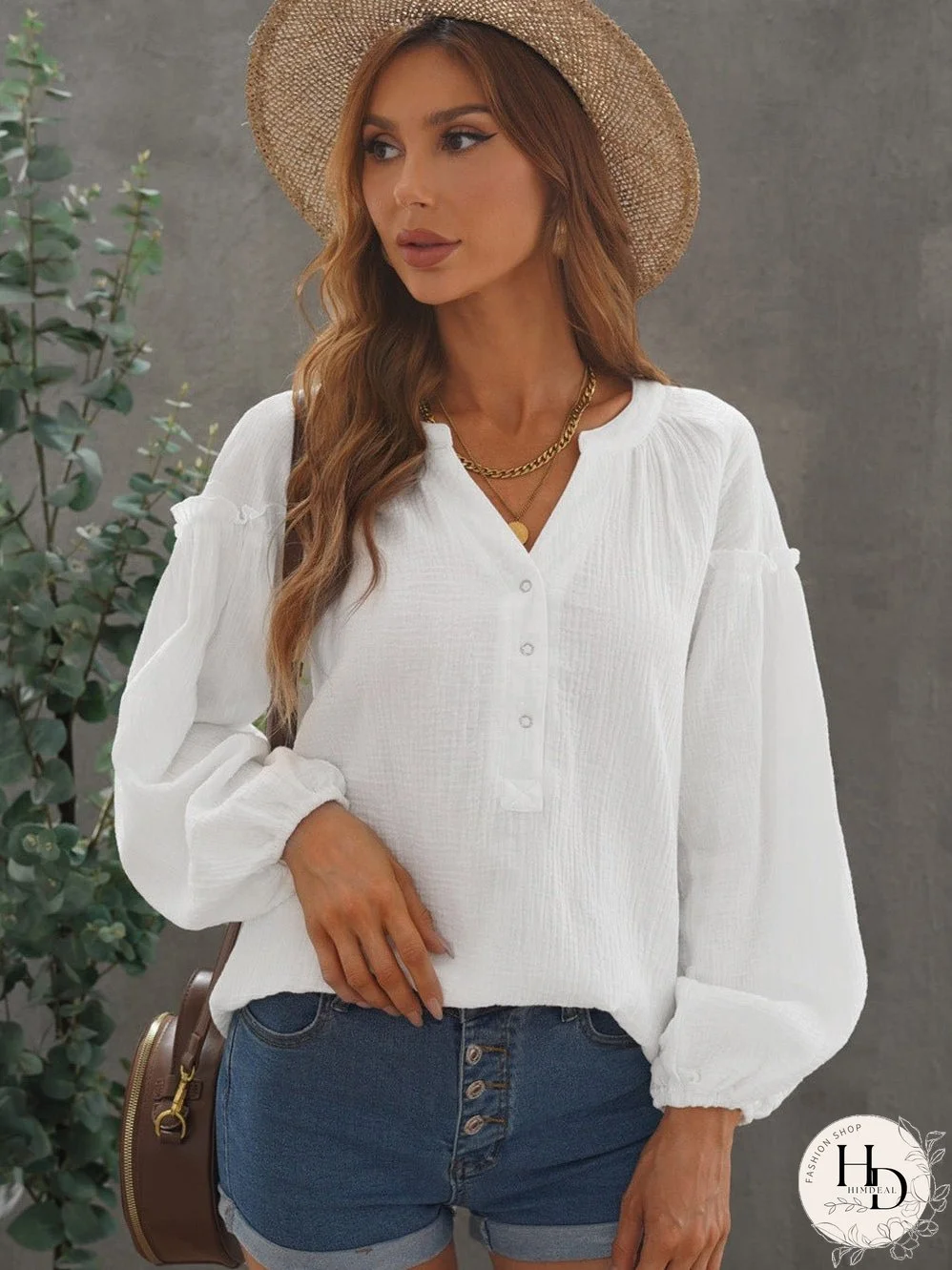 White Crinkled Casual Top with Balloon Sleeves