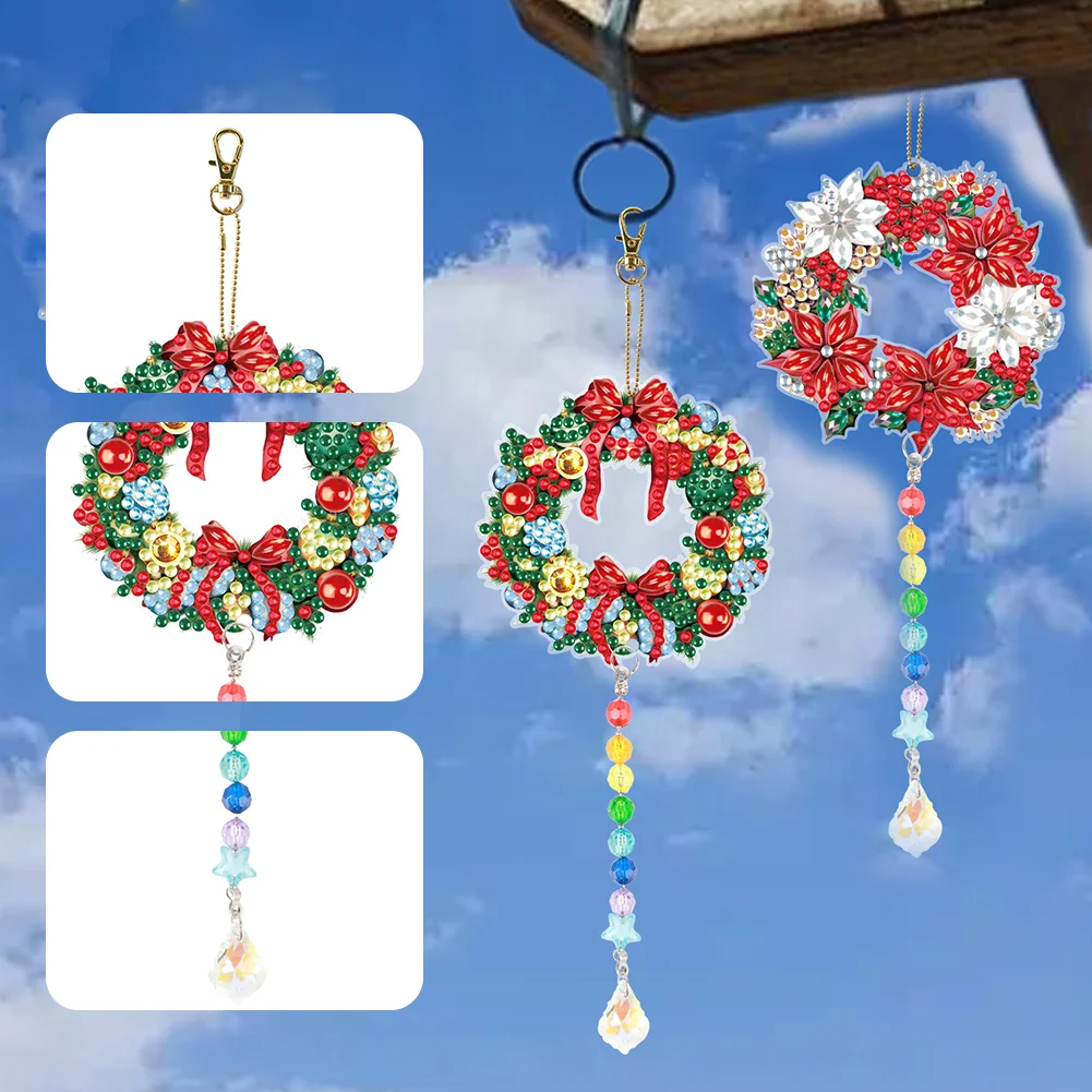 2pcs DIY Wreath Suncatcher Diamond Painting Art Pendant Christmas Home Windows Decor