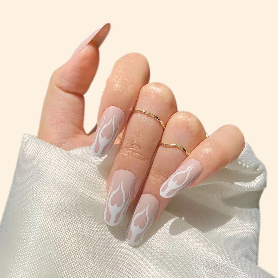 24pcs White Flame Pattern Fake Nails Full cover Fake Nails Glue DIY Manicure Nail Art Tools-Nail Inspo