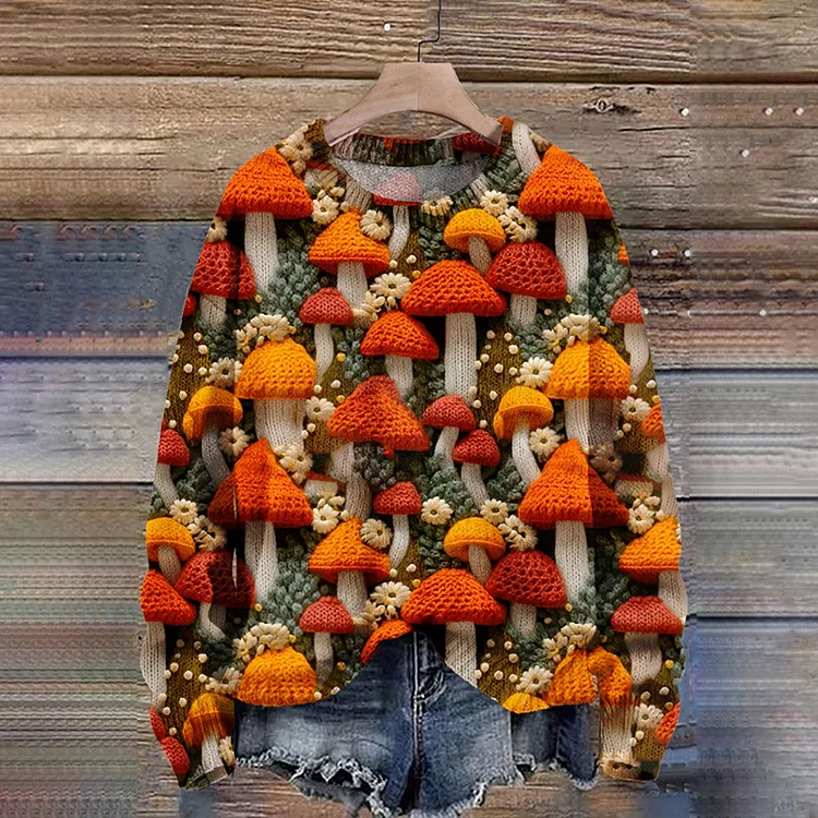 VChics Mushroom Art Print Knit Pullover Sweater