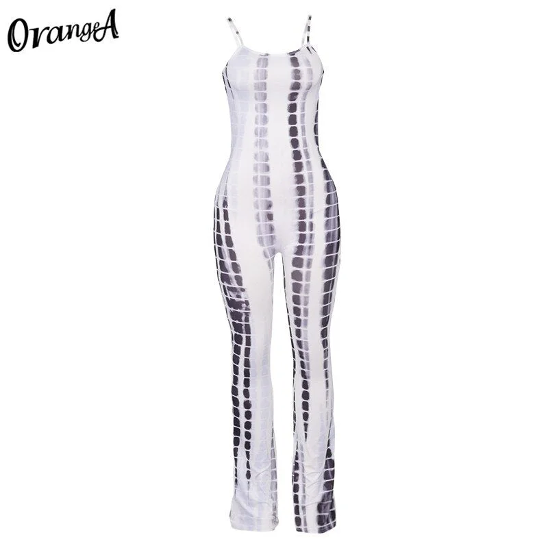 OrangeA Women Sexy Hollow Out Snake Print Sleeveless Jumpsuits Skinny Stretchy Fashion Overalls Workout Fitness Slim Streetwear